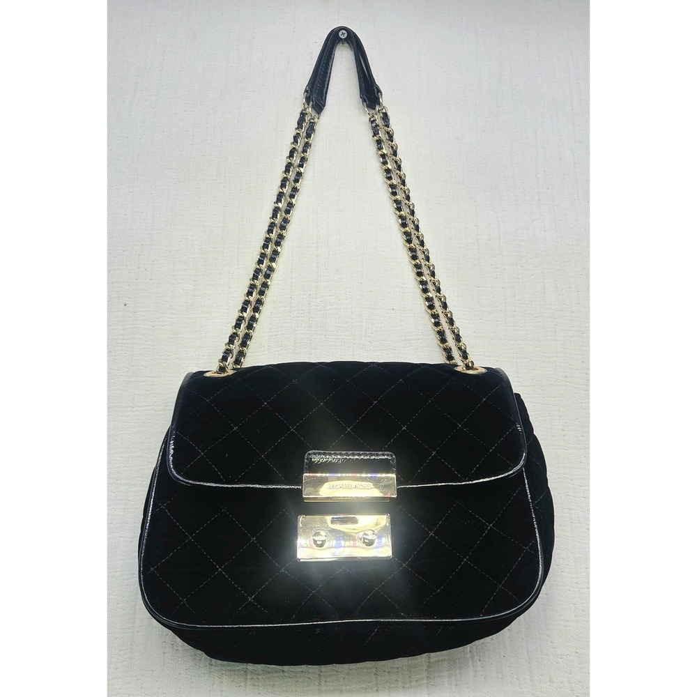 Michael Kors Sloan Black Quilted Velvet Shoulder Bag Gold Chain Link Strap